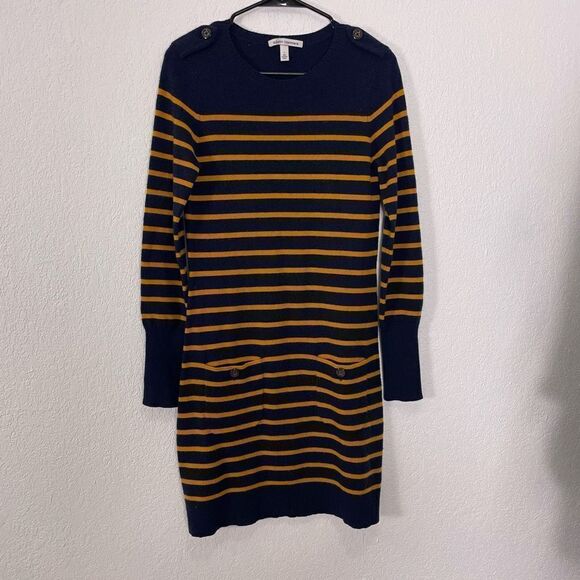 Autumn Cashmere Blue & Yellow Striped 100% Cashmere Long Sleeve Sweater Dress - Picture 1 of 5